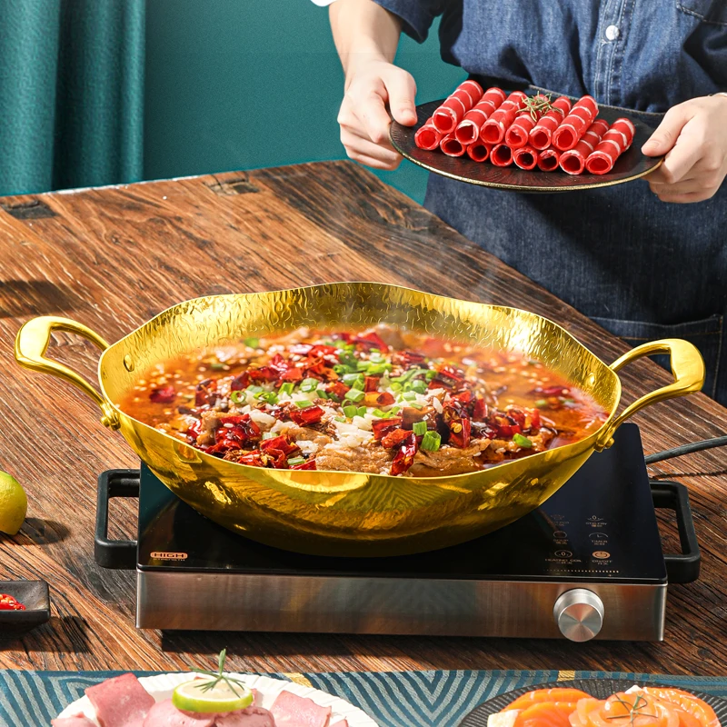 

Горячие кастрюли из нержавеющей стали 304, раковина в стиле листьев лотоса, коммерческая газовая индукционная плита, универсальная золотая посуда