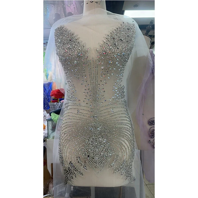 Handmade big bodice silver rhinestones patches full body sew on applique trim for  dress