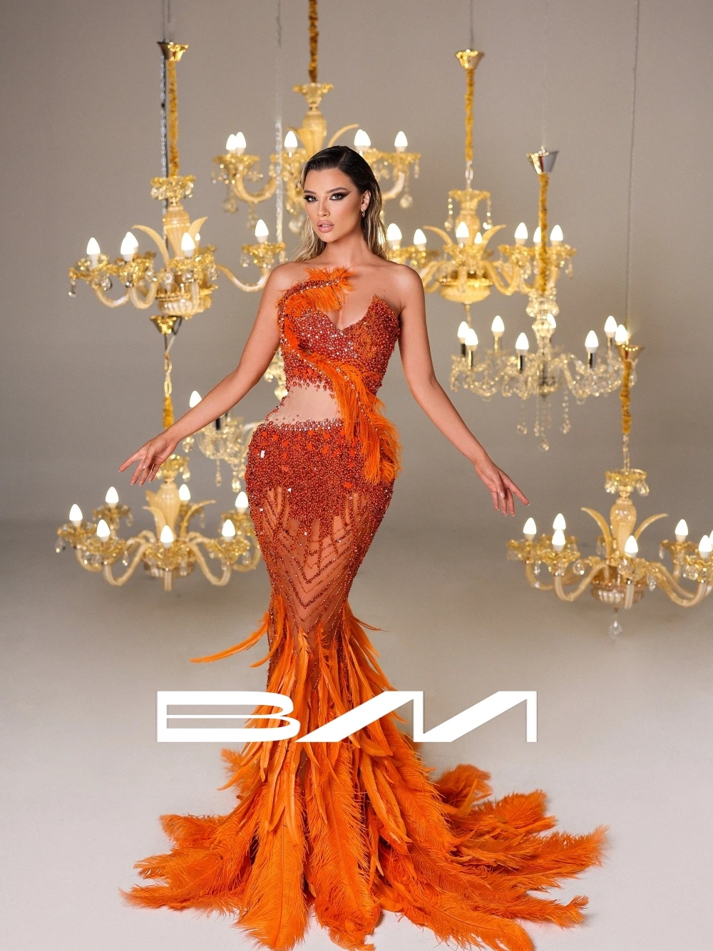 

BRLMALL Orange Feathers Sexy Front Cut-out Evening Dress Customized Luxurious Pearls Mermaid Formal Dresses Glitter Wear