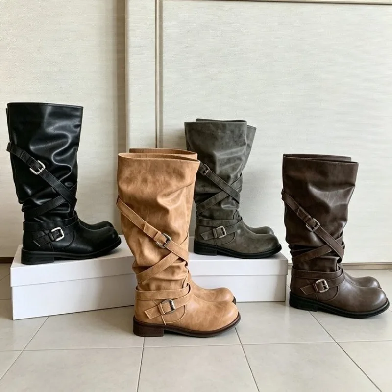 Retro Gürtelschnallen Halbhohe Stiefel für Damen 2026 Neue Modestiefel