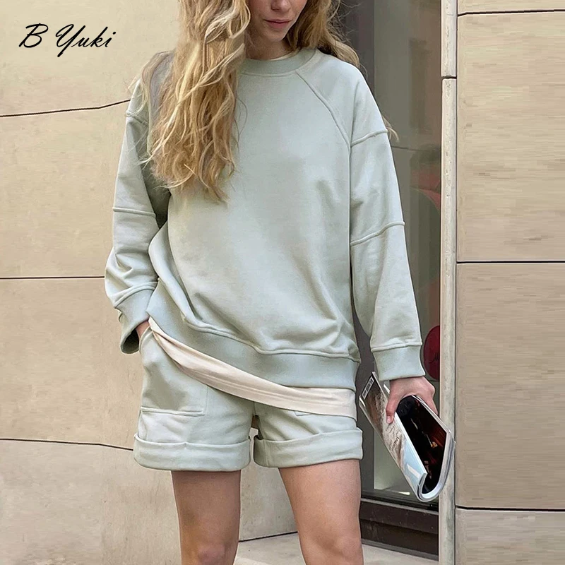 Blessyuki 2023 Spring Summer Soft Cotton Set Women Loose Casual 2 Pieces Long Sleeve Sweatshirt & High Waist Short Solid Outfits