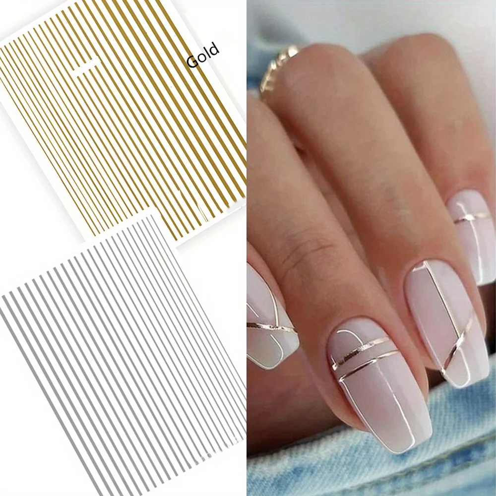 1pc 3D Nail Art Slider Golden/Silvery Line Stripe Nail Art Stickers, Self Adhesive Stirp Nail Art Decals for Nail Art Decoration