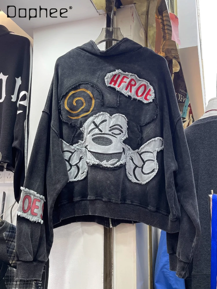 

Casual Stylish Korean Version Jacket Autumn Fashion Trend Patchwork Cartoon Appliqué Stand Collar Zipper Coat Black Short Jacket