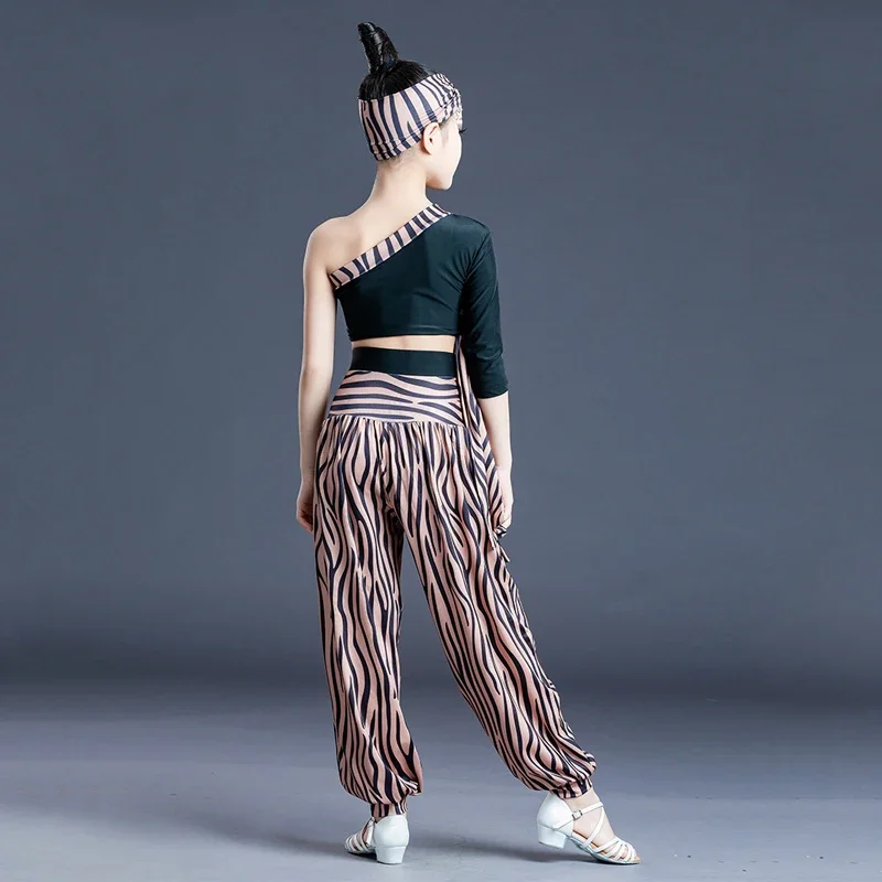 Slanted Shoulder Zebra Pattern Latin Dance Pants Girls' Latin Performance Clothes Children'S Latin Dance Practice Clothes