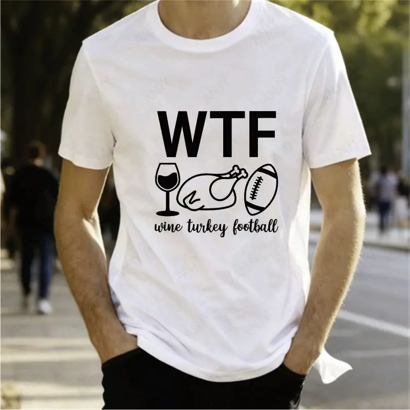 American Cartoon WTF Text Meme Printed T-shirt Thanksgiving Turkey Family Fun Pure Cotton Casual Short Sleeved Top
