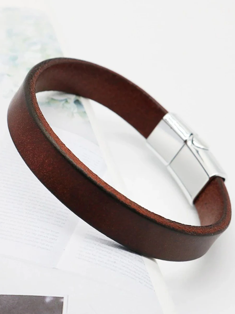 Eenvoudige Vintage Rundhuid Lederen Armband Voor Mannen Veelzijdige Creatieve Magnetische Gesp Armbanden Mannelijke Straat Trend Sieraden Accessoire - afbeelding 2