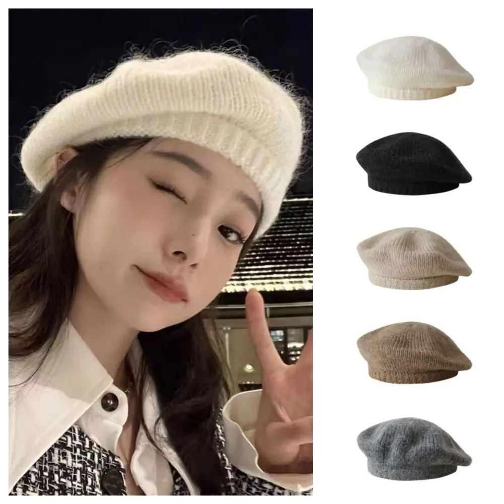 

Elegant Mohair Knitted Beret Hat Fluffy Solid Color Wool Painter Hat Y2K Warm Knitted Octagonal Cap Winter