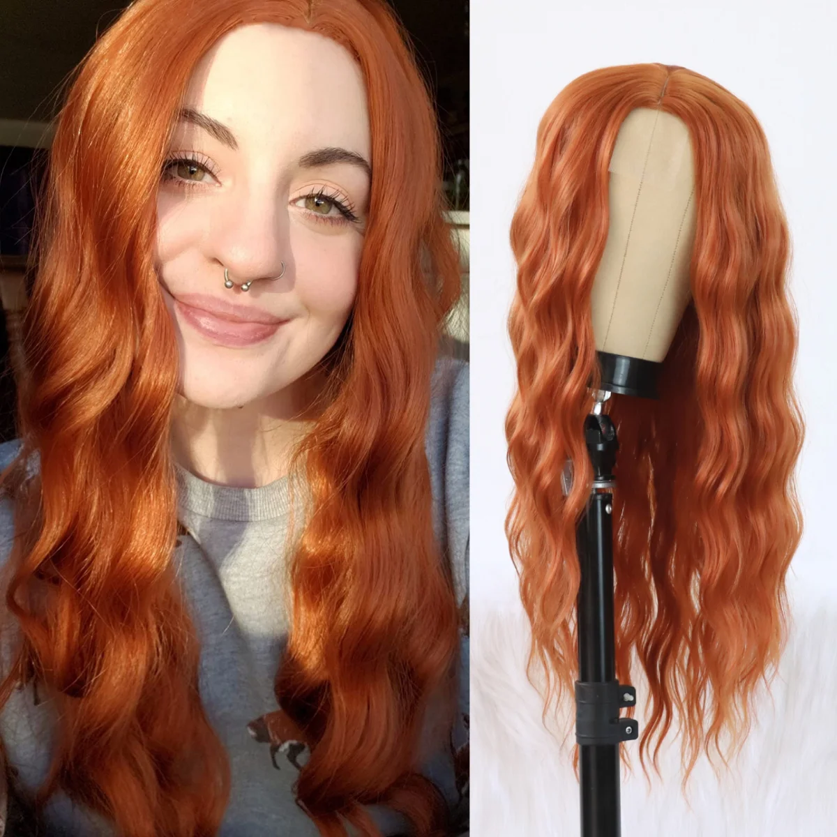 Orange Red Lace Front Wigs Glueless Ginger Color Natural Wave Synthetic Heat Resistant Fiber Hair Wig for Cosplay Daily Use