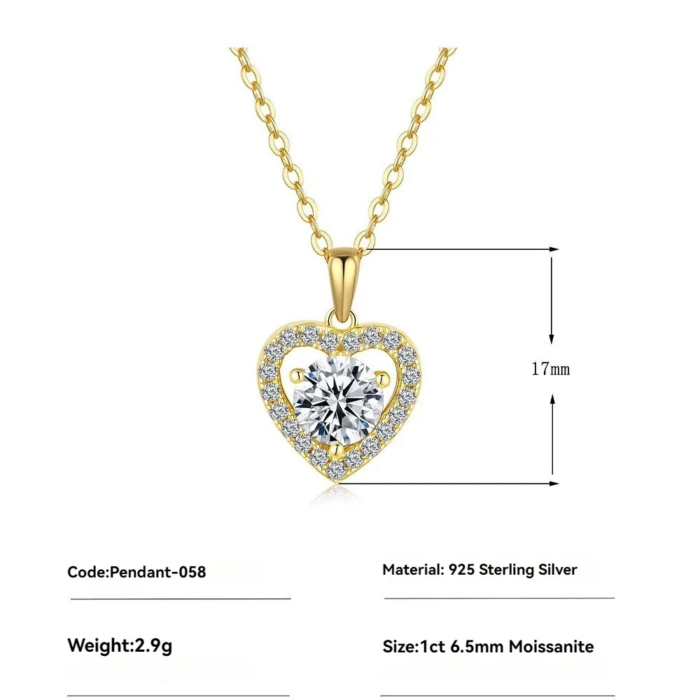 

Exquisite 1ct 6.5mm Moissanite Heart Pendant Necklace for Women - Wedding Band Gift, Engagement Jewelry with Gold Plated Chain