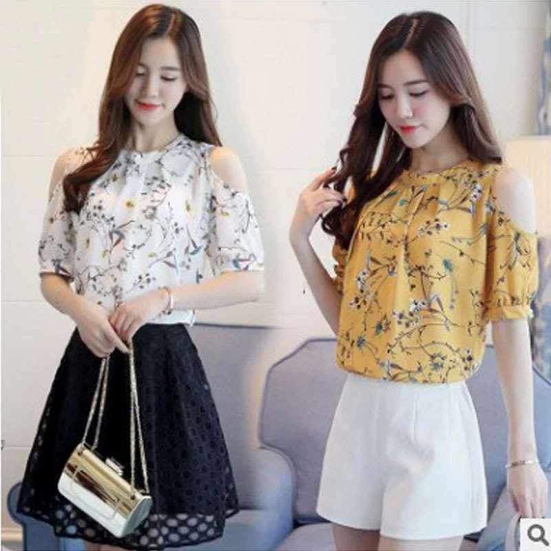 Frühlingsneue Damenbluse aus Chiffon mit Blumenmuster, irt ort Sve, rund, Ne-Polyesterfaser, saisonale Faion-Damenbluse