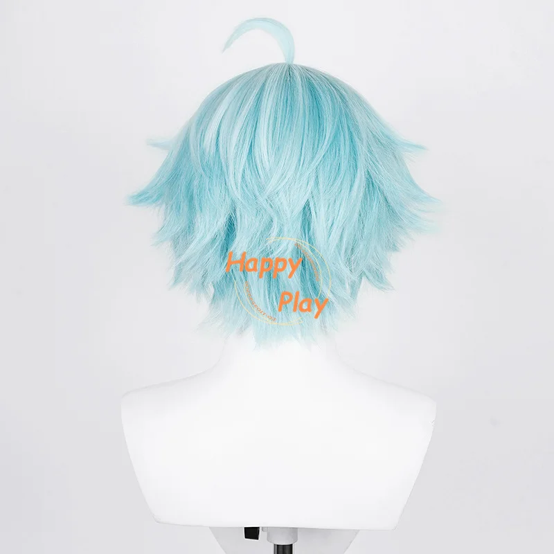 Wig Cosplay Chongyun 30cm Wig Cosplay Anime Unisex pendek biru Wig Cosplay tahan panas rambut sintetis pesta Halloween