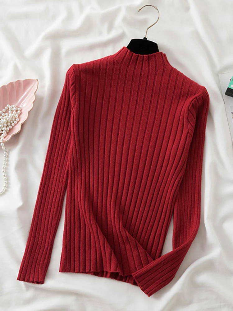 Women Knitted Ribbed Sweater Autumn Winter Pullovers Turtleneck Long Sleeve Slim Soft Basic Solid Woman Sweaters Streetwear Tops