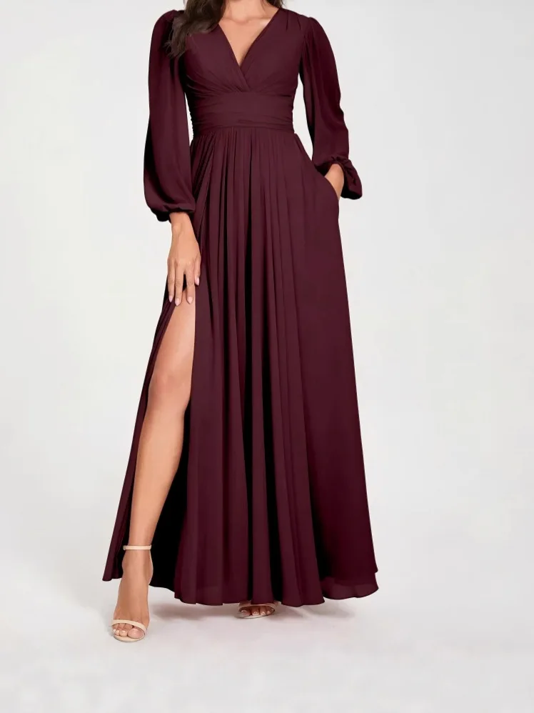 Vestido sofisticado vestido assimétrico profundo, elegante, plissado, volumoso, chiffon, romântico, até o chão