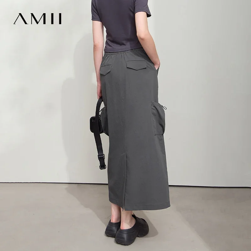 Amii Minimalist Women Clothing Skirt 2026 Autumn New Casual Loose Multi-pocket Drawstring Elastic Waist Long Skirt 12522020