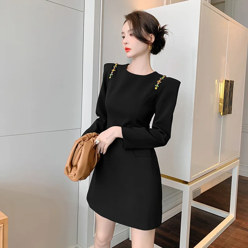 Cross-Border Lightly Mature Retro Right-Angle Shoulder Western Style Puff Sleeve Black Dress