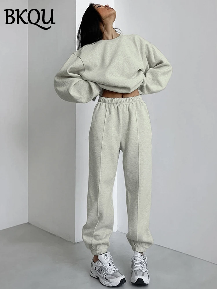 BKQU Winter Fleece Pants Two Piece Set Women Solid Color Long Sleeve Sweatshirts+High Waist Sweatpants Matching Casual Tracksuit