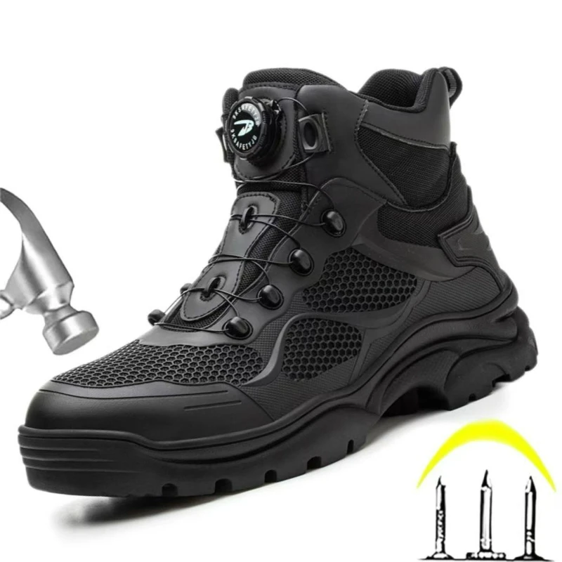 

Мужские защитные ботинки, дышащие рабочие ботинки, неразрушимые ботинки с вращающейся кнопкой, непробиваемые кроссовки, черные износостойкие ботинки