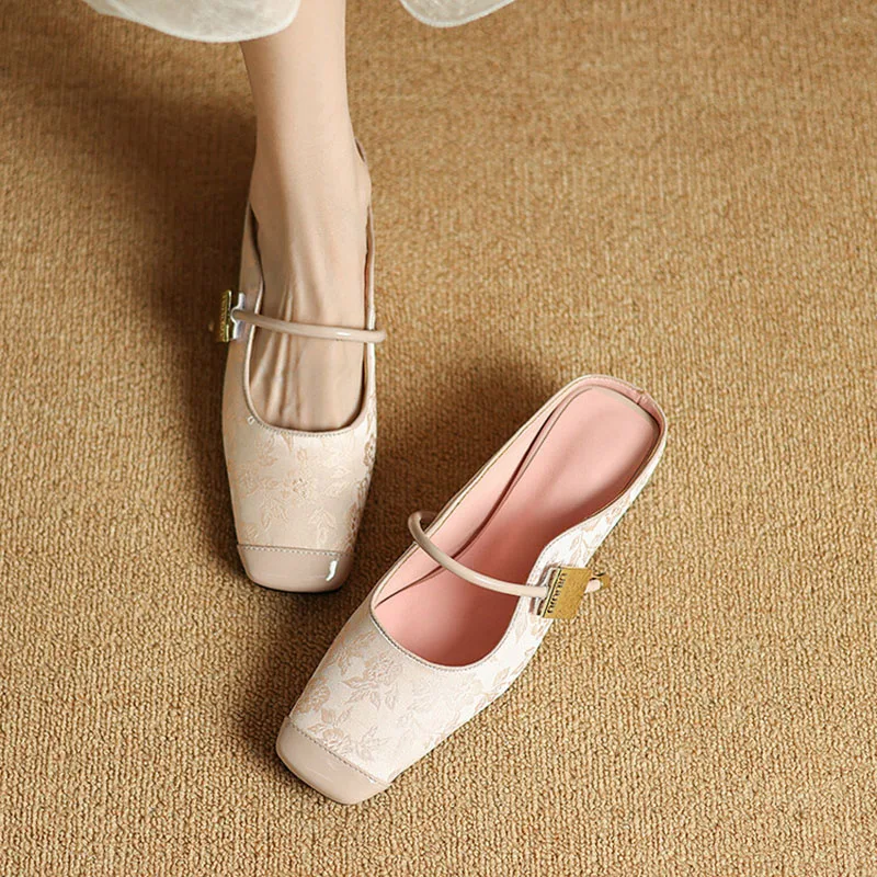 Phoentin Flower print mules shoes woman 2024 Chinese retro slippers for ladies cross strap low heels square toe plus size FT3365