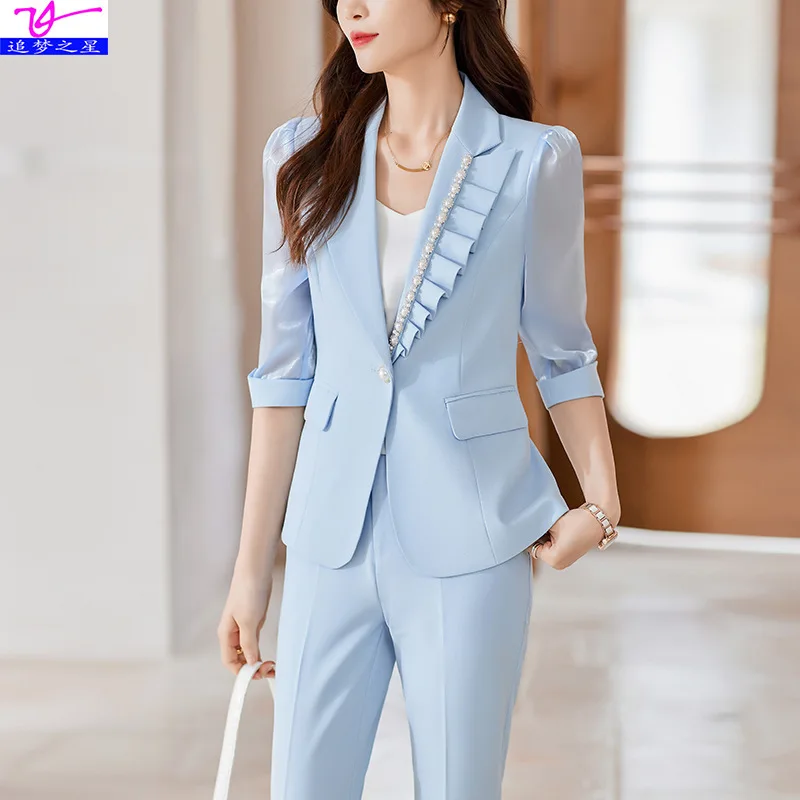 

Blue Suit Jacket for Women 2023 Spring Thin Fashionable Temperament Beaded Half Sleeve Business Wear Formal Casual Suit