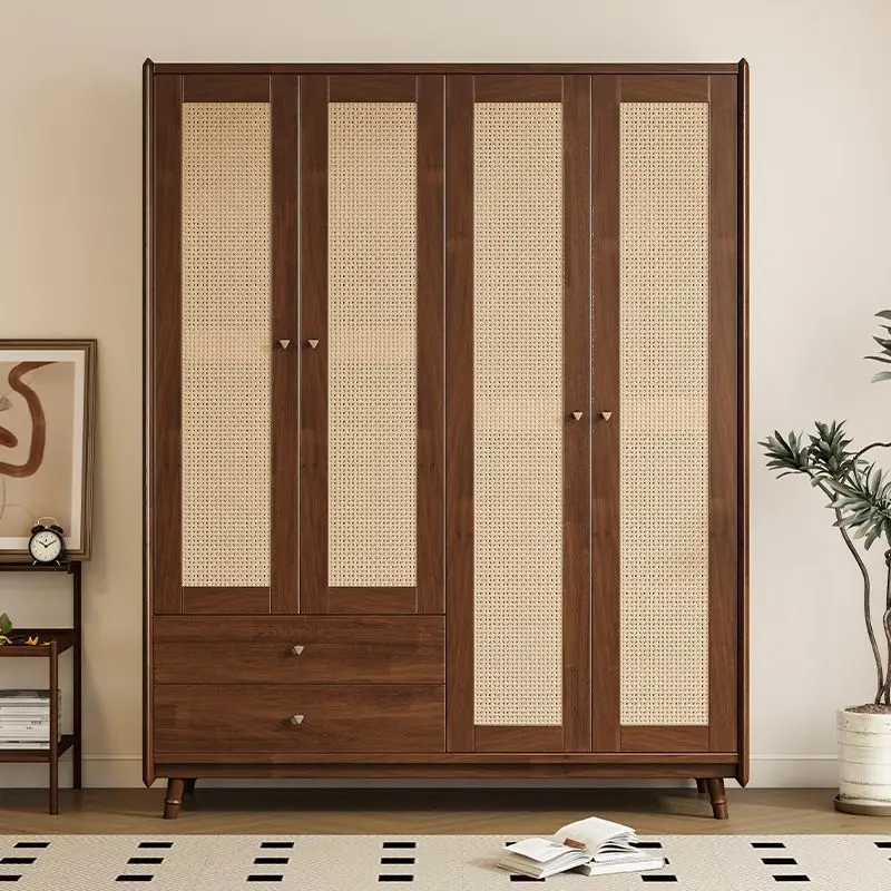 

Nordic retro rattan solid wood wardrobe modern minimalist wabi-sabi wind opposite door three four five door wardrobe