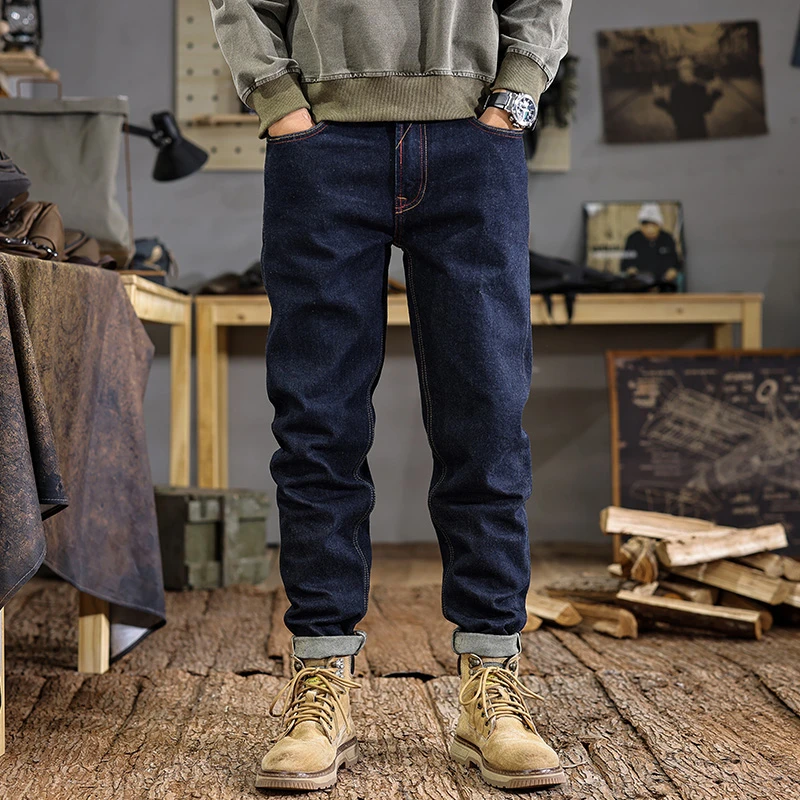 

Autumn Spring/Summer American Classic Selvedge Denim Blue Jeans for Men Vintage Wash Heavyweight Slim Tapered Straight Pants