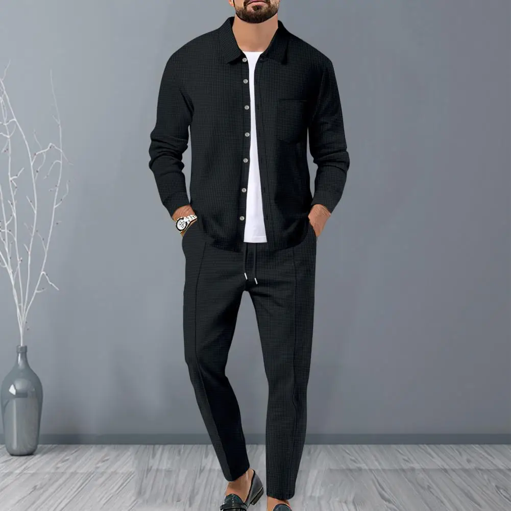 Solid Color Trouser Suit for Men Men Casual Two-piece Suit Men\'s Casual Waffle Pattern Two-piece Suit with Long for Office