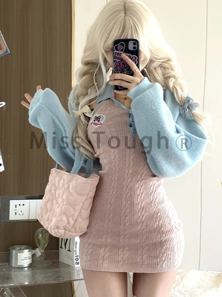 Autumn Japanese Kawaii Two Piece Set Women French Elegant Sleeveless Dress Suit Female Sweet Slim Dress + Korea Casual Cardigans