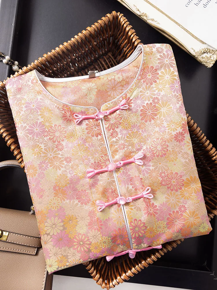 2024 Women's Fashion Spring/Summer New Chinese Elegant Style 100%Natural Mulberry Silk Song Brocade Chrysanthemum Print Top