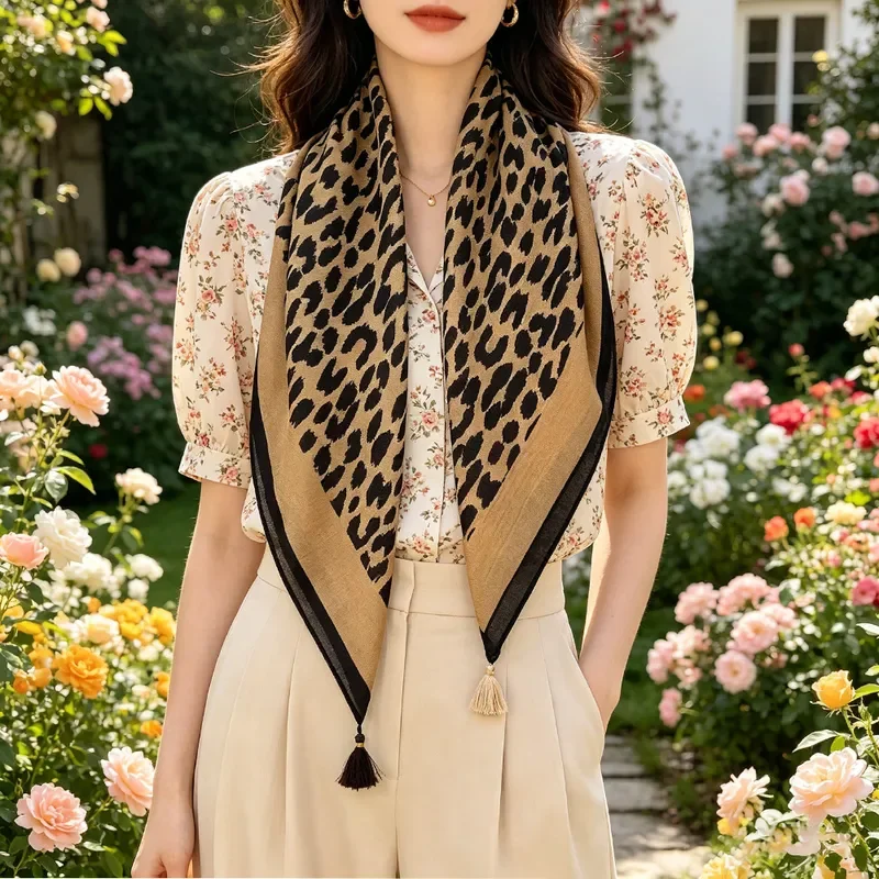 

2026 Spring Summer New Retro Leopard Print Versatile Tassel Pendant Medium Square Scarf for Women High End Thin Bohemian