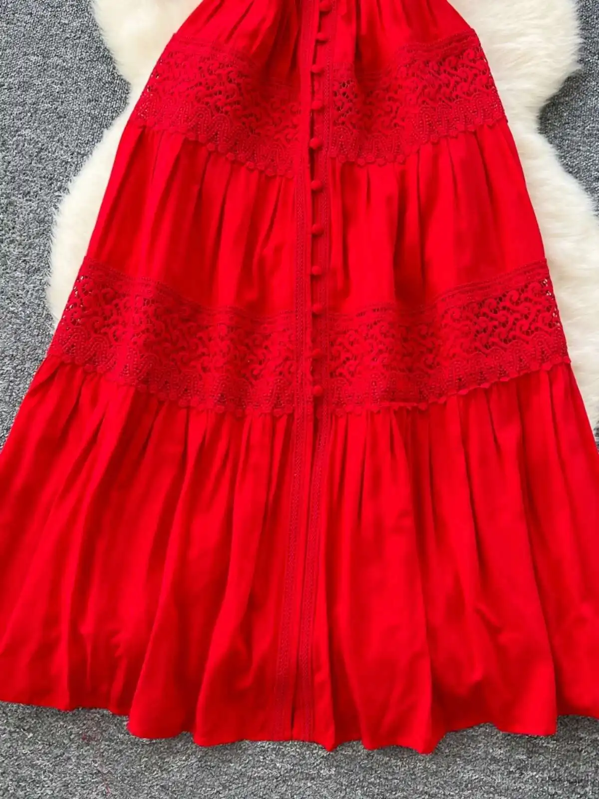 Eleganckie długie sukienki damskie Summer Holiday V Neck Bubble Sleeve Embroidery Hollow Out Buttons Cotton Linen Midi Party Vestidos