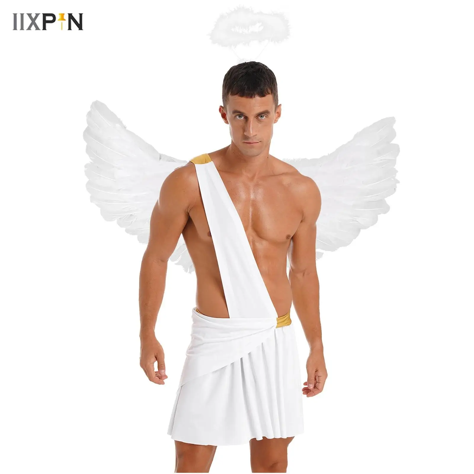 

Halloween Ancient Greek Warrior Cosplay Costume Mens One Shoulder Strap Contrast Color Ruffle Skirts Carnival Theme Party Wear