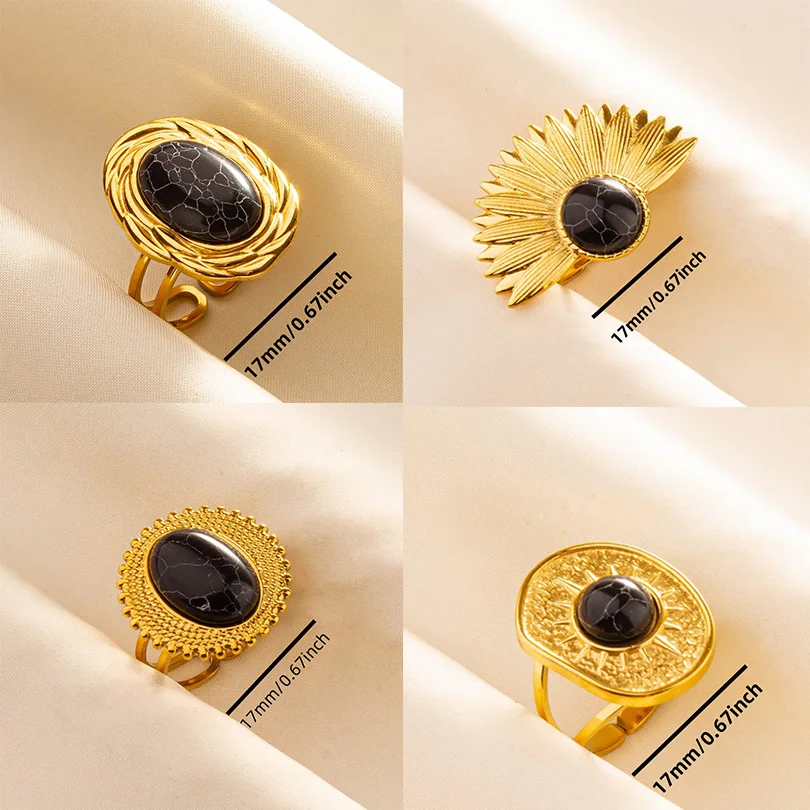 Anello aperto artistico placcato oro Boemia pietra nera turchese Anello minimalista in acciaio inossidabile Anelli regalo di gioielli per donna