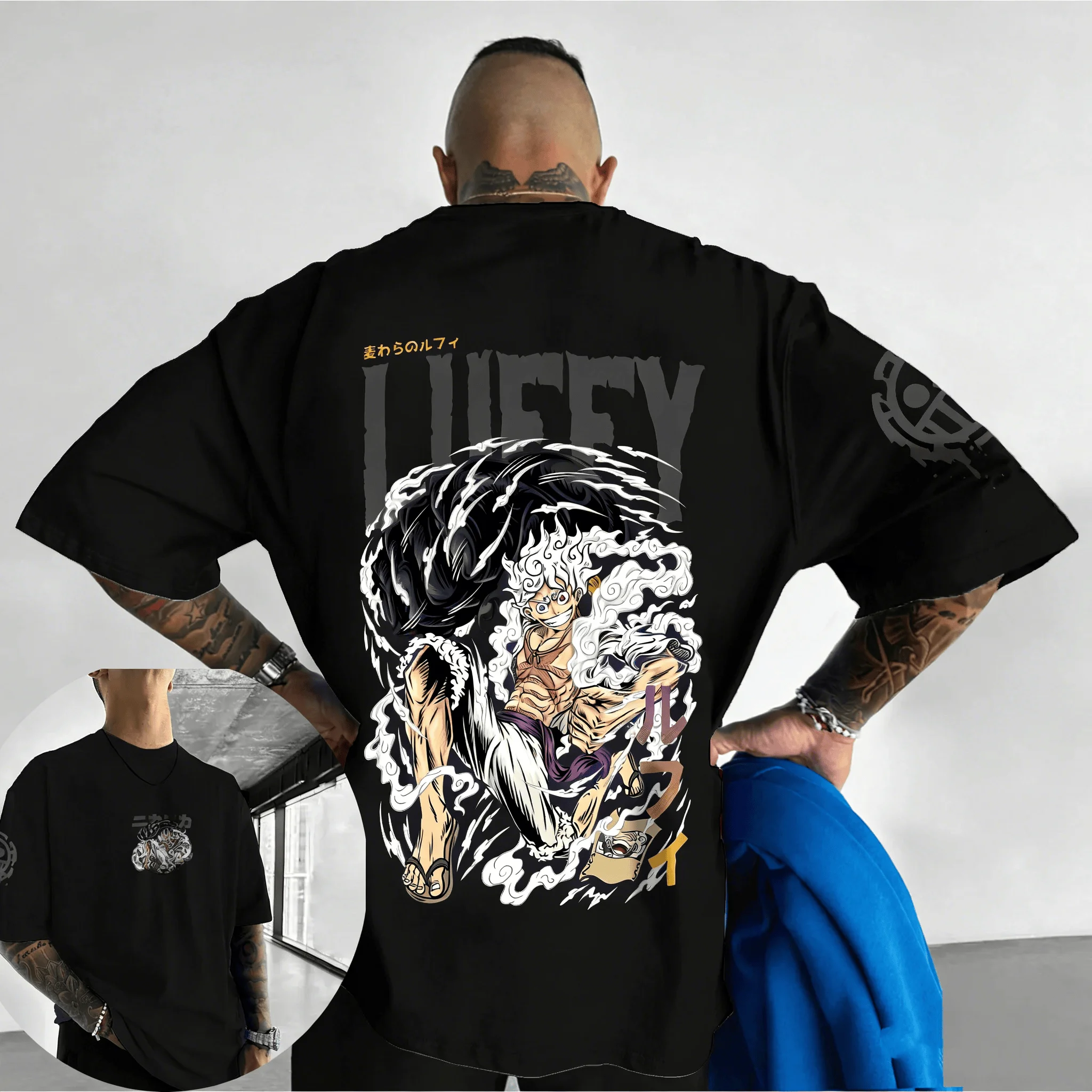 

One Piece Anime Luffy Five Level Nica Form Black and White Comic Style 2026 Summer Men Cotton Oversized Heavy Duty T-shirt Y2K