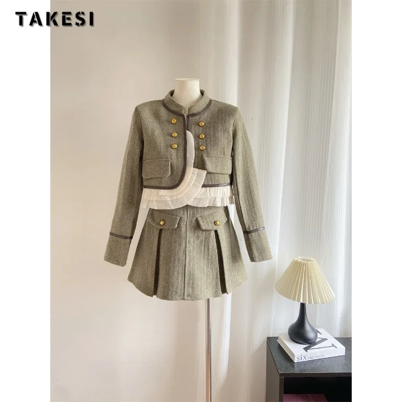 2023 Winter Luxury Elegant Style 2 Piece Set Women Long Sleeve Patchwork Short Coat + A-line Skirt Vintage Two Piece Skirt Set