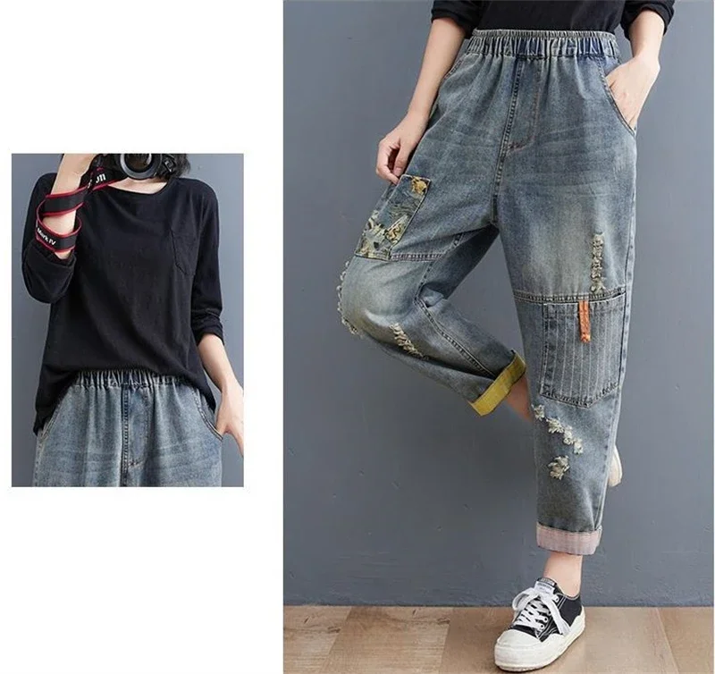 Women Jeans Spring Summer Contrasting Colors Loose Cowboy Fashion Versatile Hole Cropped Trousers  M676