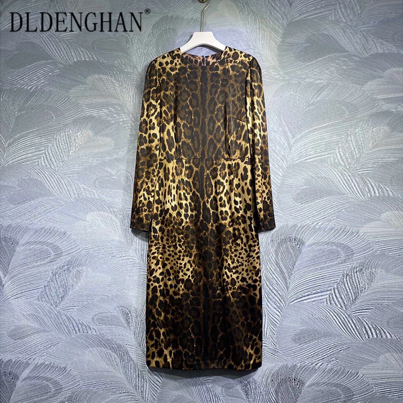 DLDENGHAN Early Autumn Silk Pencil Dress For Women O-Neck Long Sleeve Leopard Print Vintage Party Slim Dress Fashion Runway New