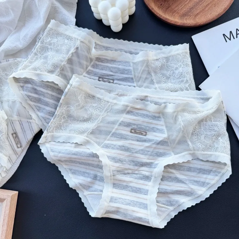 SP&CITY Gray Striped Cotton Seamless Underwear for Women Mid Waist Lace Mesh Sexy Panties Soft Breathable Student Daily Briefs
