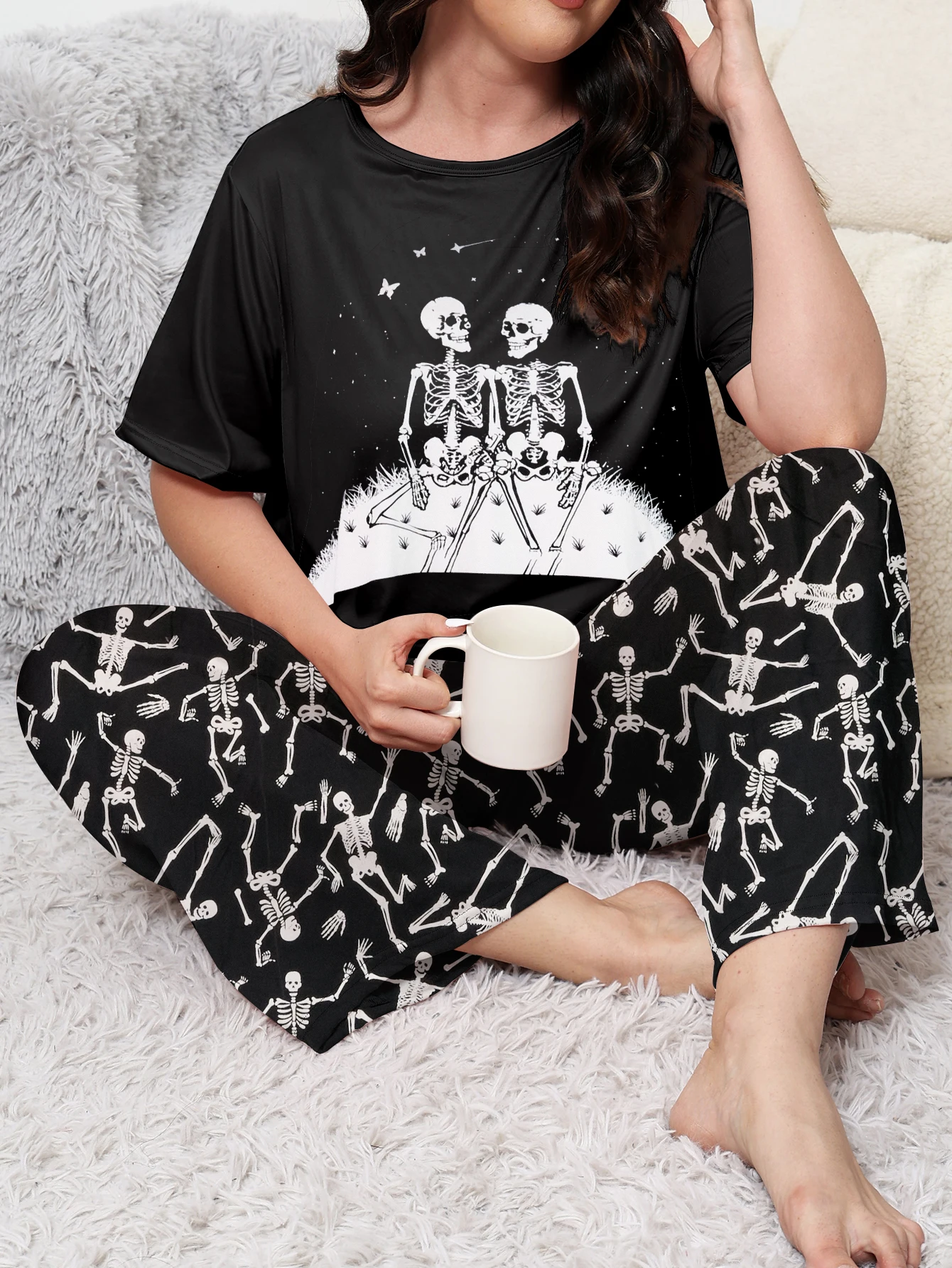 Large Women\'s Pajama Set Halloween Skull Print Short Sleeve T-shirt&Pants Home Clothes 2-piece Set