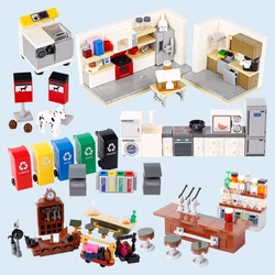 City Street Figures Home Furniture Building Block Kitchen Appliance Pet Trash Can Hotel Coin Operated Washer Mini Bricks Kid Toy