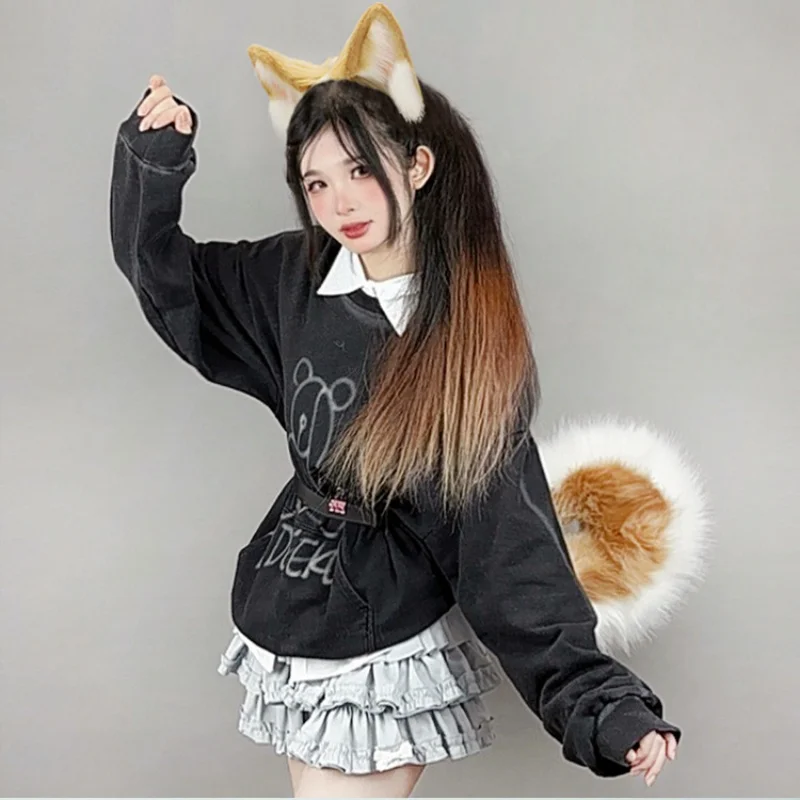 2025 New Halloween Simulated Furry Dog Ear Hairband Lolita Realistic Tail Set Cute Animal Plush Dog Tail Cosplay Props