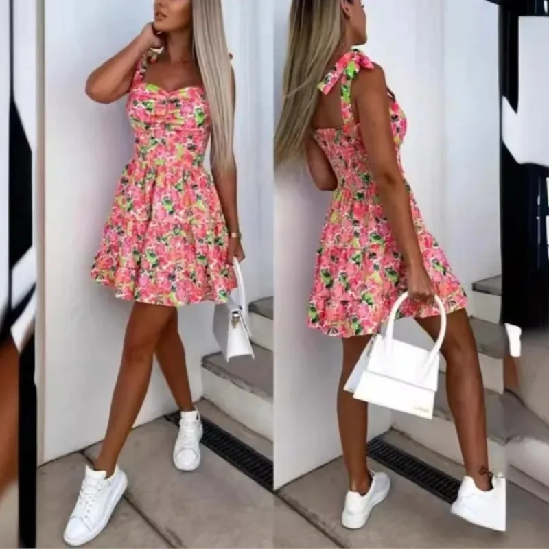 Elegante mini abito con stampa floreale per donna Abito corto Boho Abito femminile senza maniche con cintura appesa Abito piegato in vita stampato