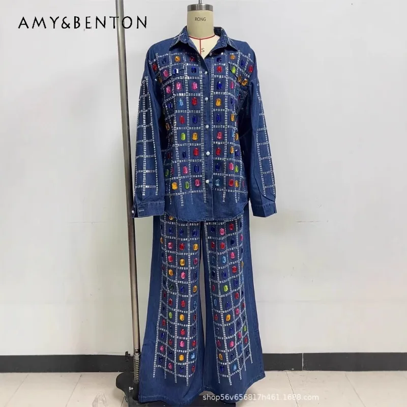 

American Style Women's Heavy Industry Rhinestone Denim Shirt Top + Rhinestone Wide-Leg Pants Design Two-Piece Set Outfits Ladies