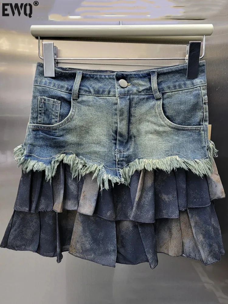 

[EWQ] Casual Fashion Denim Spliced Pleated Skirts High Waist All-match Vintage Mini Skirt Sweet Girl 2024 Summer New 16O1206