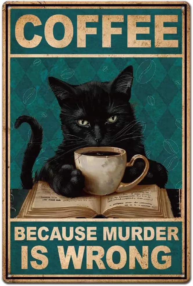 Y1, Cat Book Coffee Metal Tin Sign Funny Retro Poster Vintage Art for Home Office Restaurants Cafes B