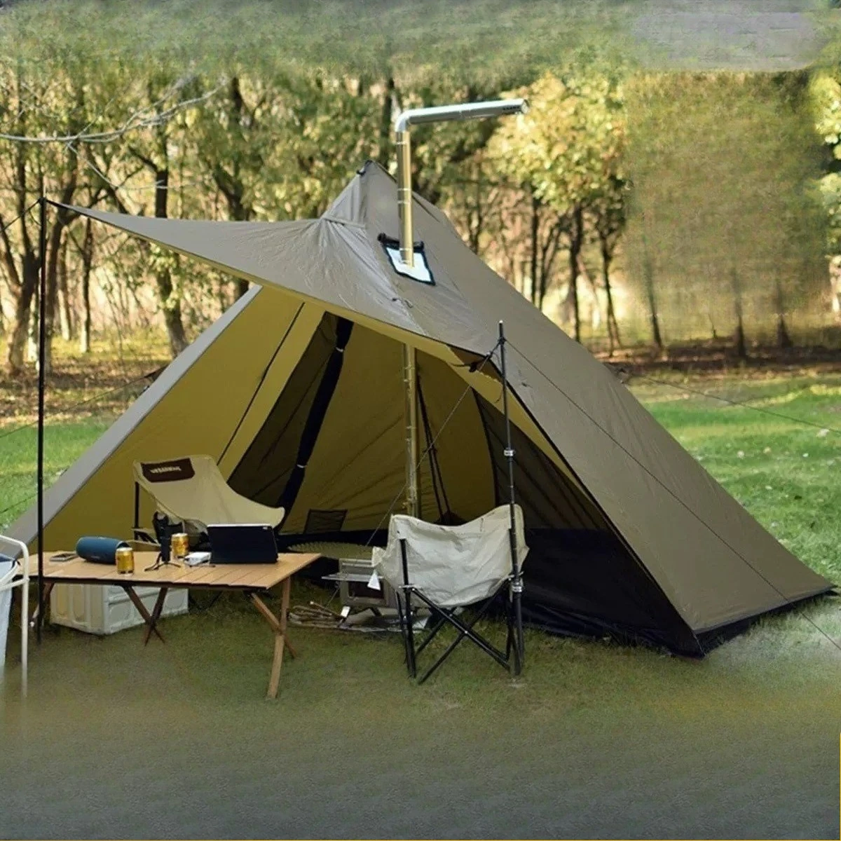 Pyramid tent four seasons rainstorm protection with chimney mouth aluminum alloy pole ultra-light hiking