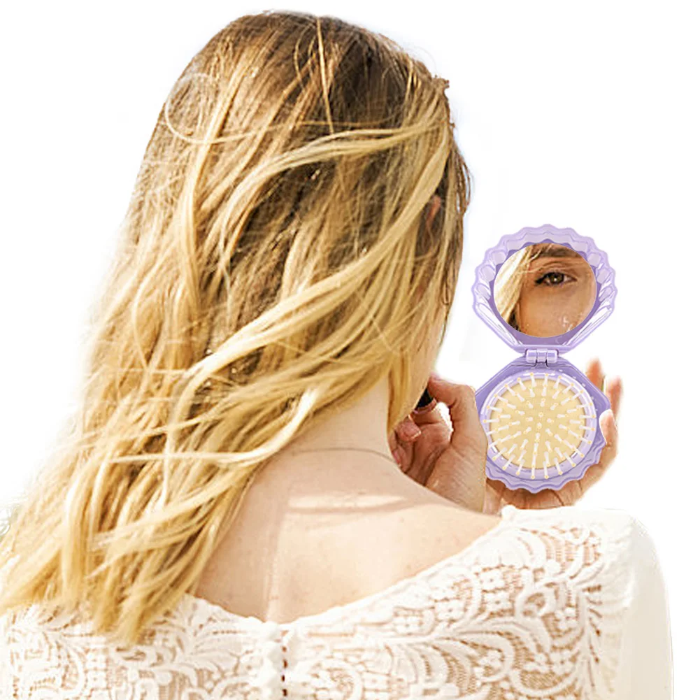 

Foldable Shell Shape Comb Travel Hair Brush with Mirror Folding Pocket Hair Brush Portable Hair Massage Comb Styling Accessories