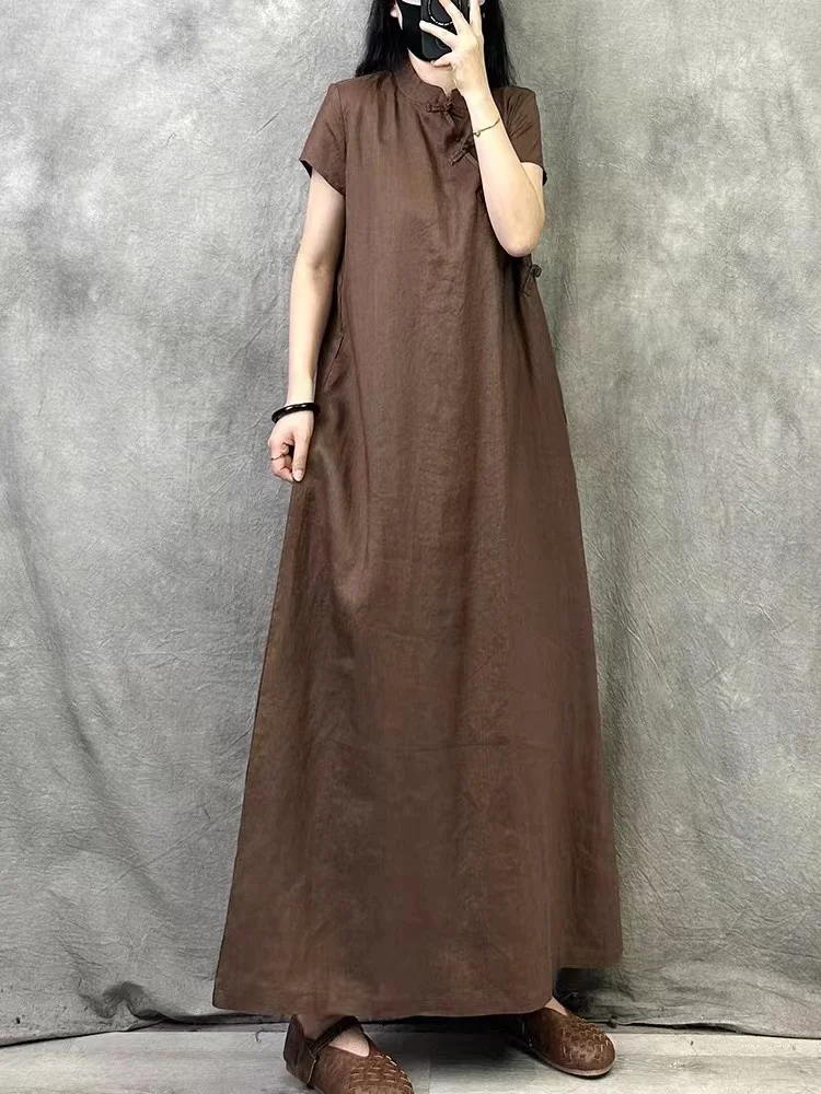 Été nouveau Sle Simple col montant chinois rétro couleur Pure Dr bouton latéral ort Sve femmes traditionnel Co...