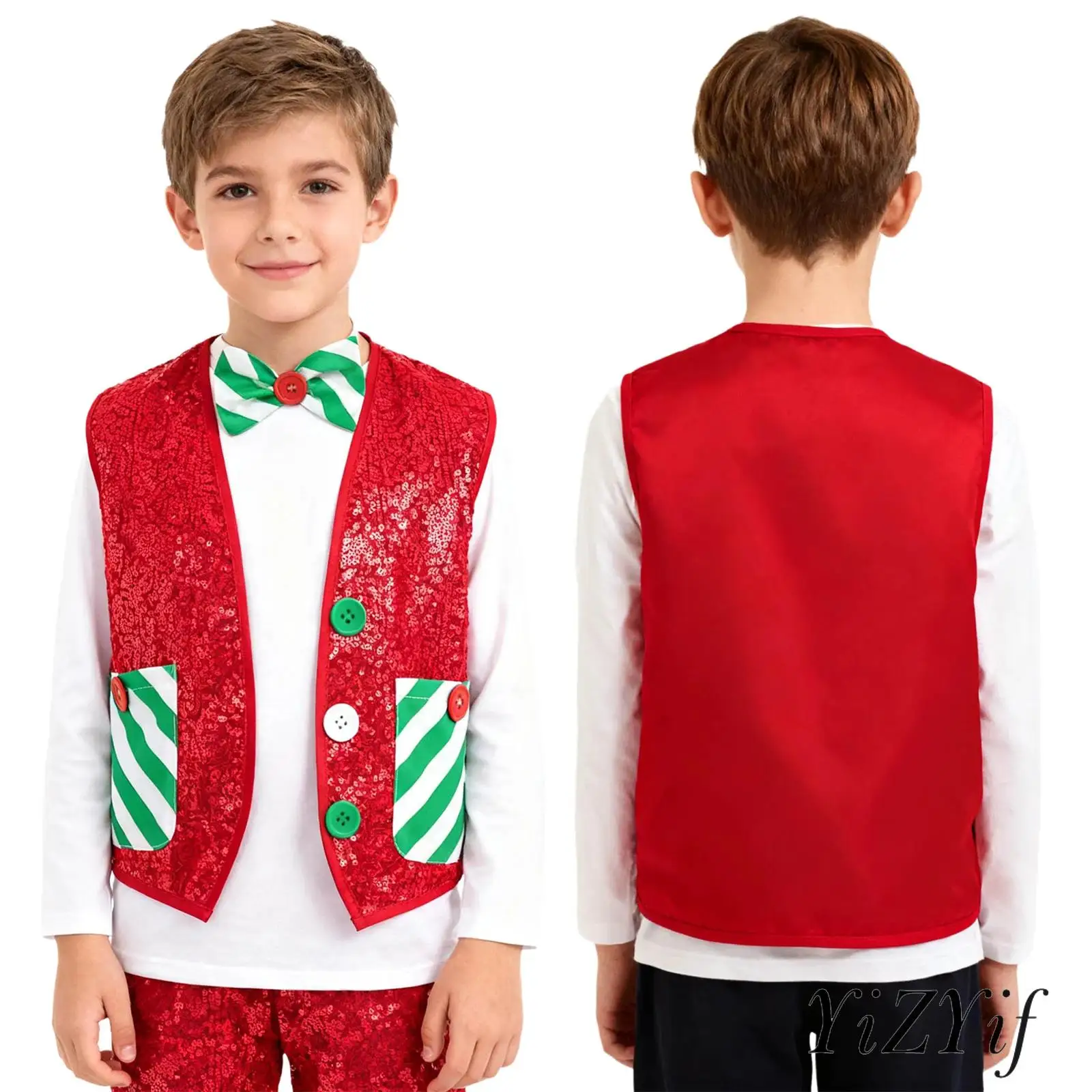 

Kids Boys Christmas Costume Sleeveless Pockets Xmas Prince Vest Santa Clause Jacket with A Bow Tie Set for Jazz Latin Dance