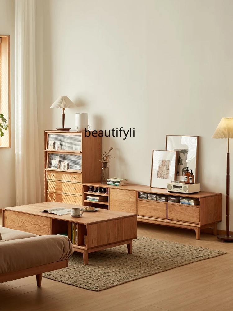 

A36 Nordic solid wood TV cabinet coffee table combination cherry wood living room log color locker