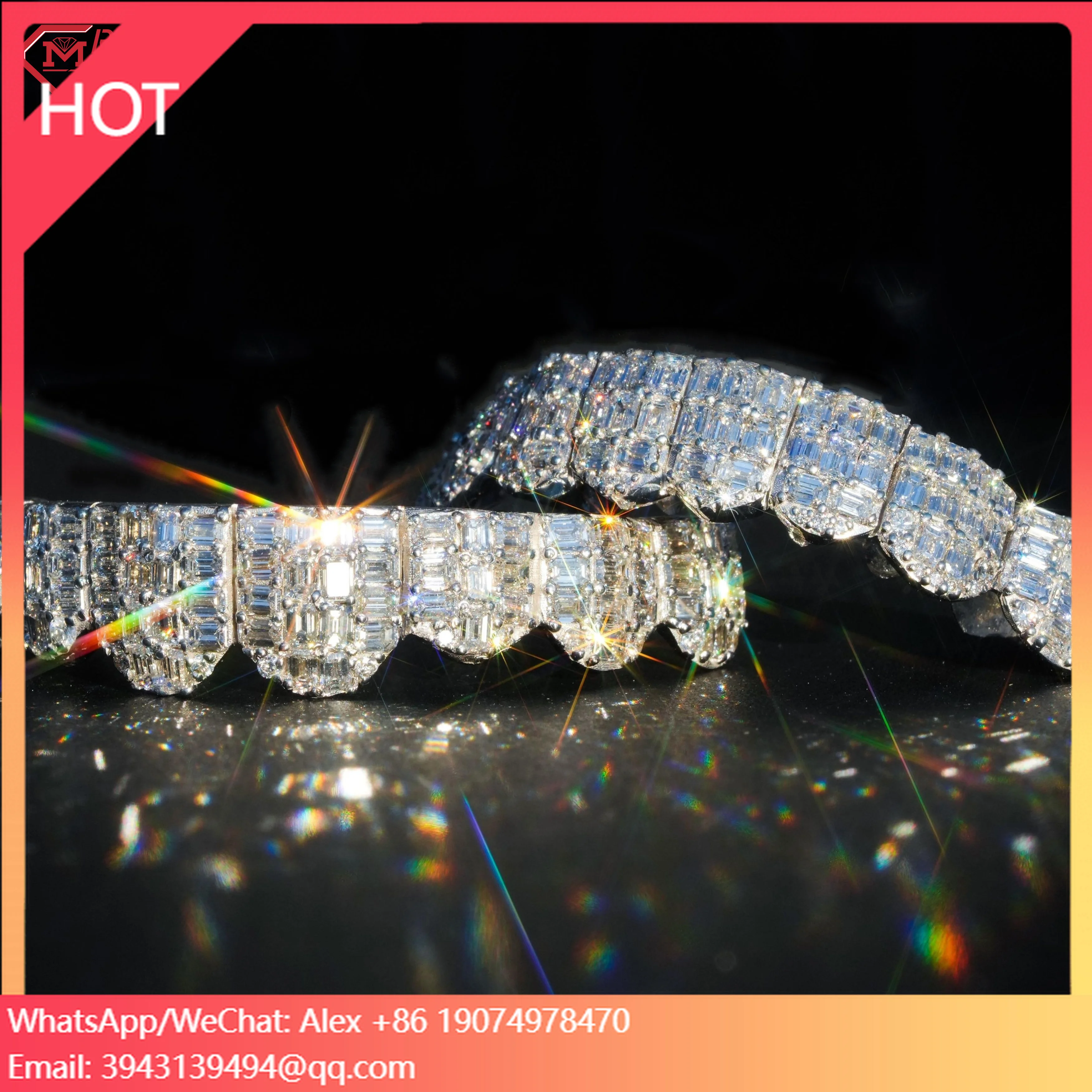 

Iced Out Grillz For Teeth 925 Sterling Silver GRA Certificateed Hop Moissanite Baguette Cut Grillz